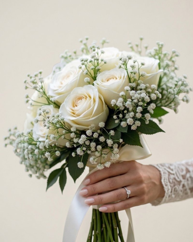 Beyaz Gül ve Cipsofilya Gelin Buketi